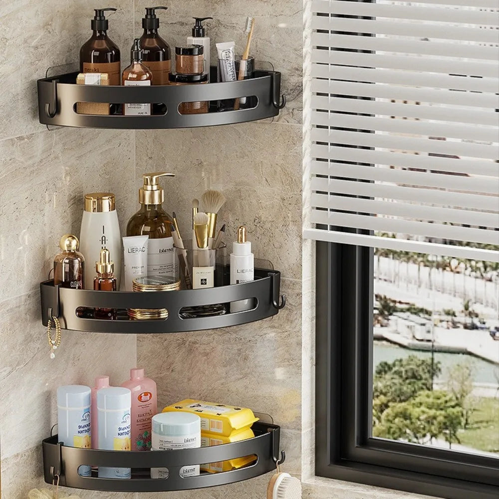 ÉTAGÈRE MURALE DE SALLE DE BAIN SANS PERCAGE (1/2/3 PIÈCES – NOIR)