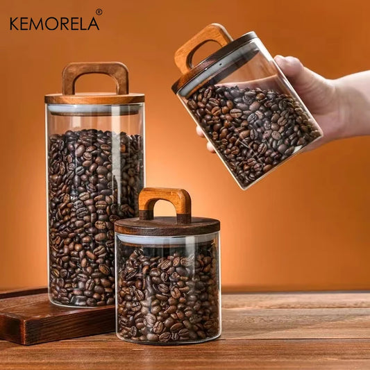 Pot en Verre avec Couvercle en Bois - Contenant Hermétique pour Aliments, Café, Thé, Bonbons